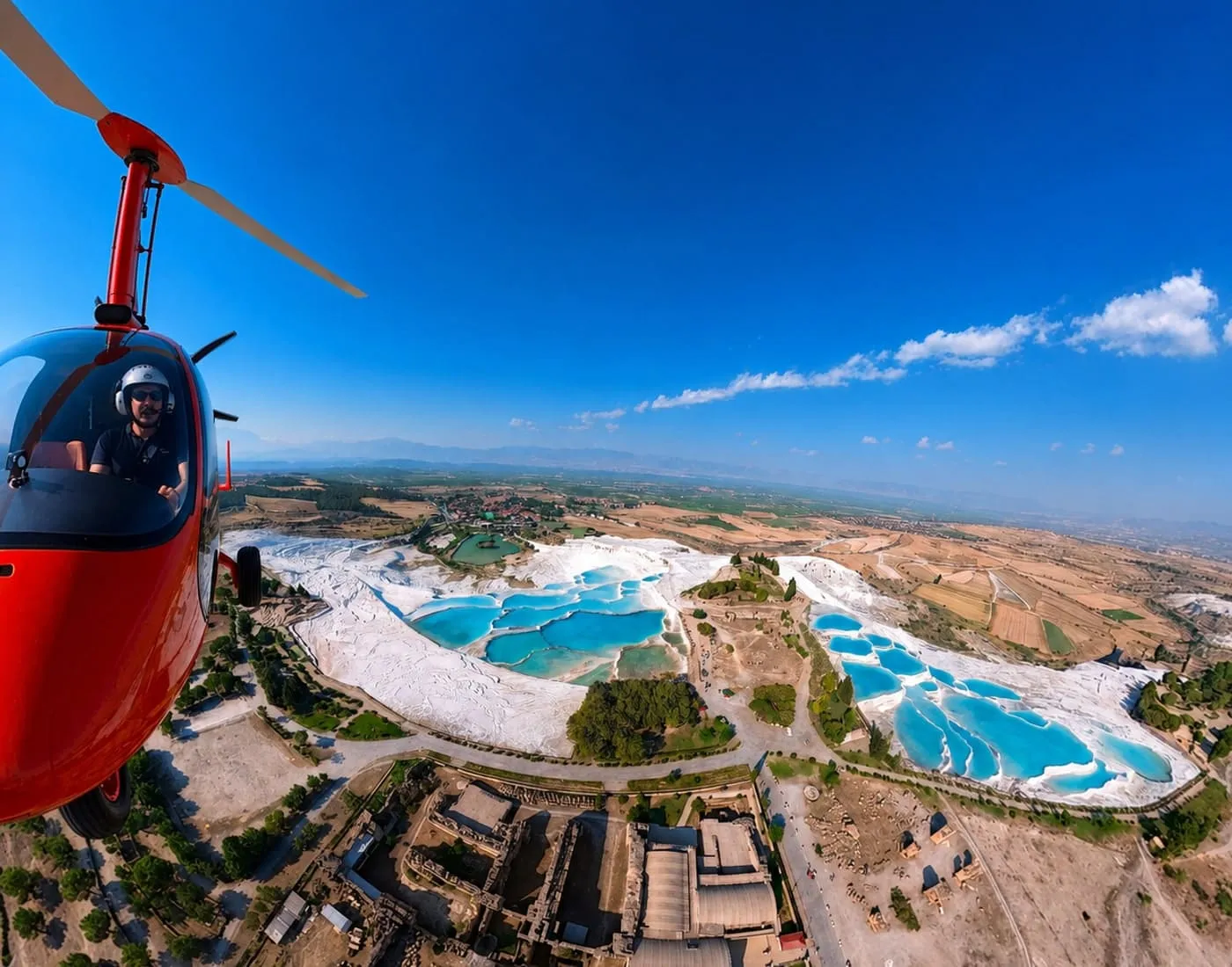 Pamukkale Travertenleri gyrocopter uçuşu havadan görünüm